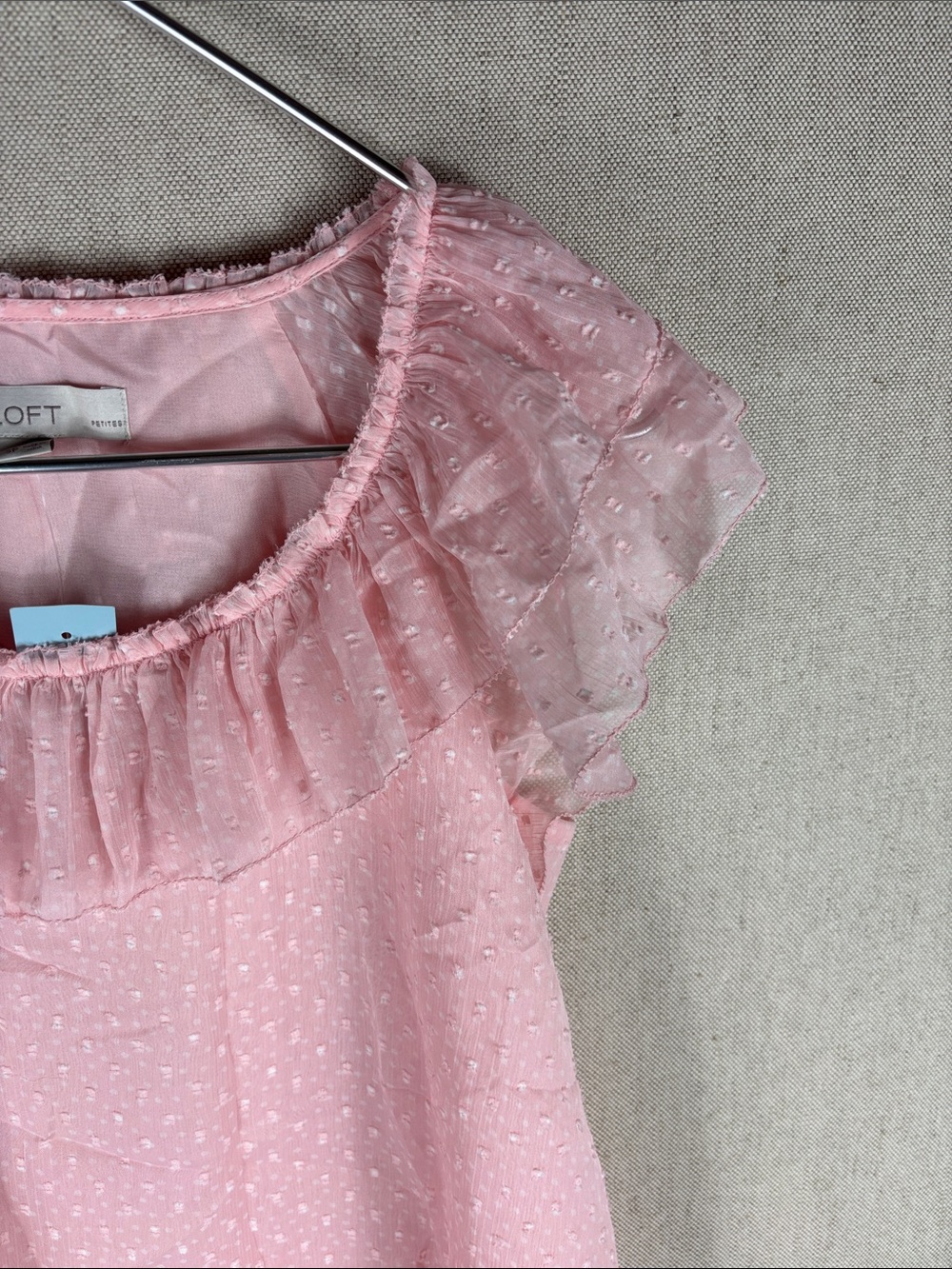 LOFT > New with Tags Light Pink Ruffle Swiss Dot Flutter Sleeve Top Small Petite - Picture 4 of 9